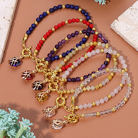 Colorful Natural Stone Beaded Bracelet with Heart Pendant and OT Clasp - 4mm, Summer Style