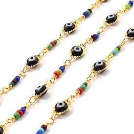 Handmade Brass Oval with Evil Eye Link Chains, with Glass Beads, Soldered, with Spool, Long-Lasting Plated, Golden