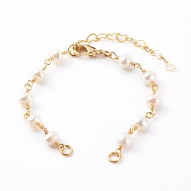 Brass Bracelet Making, with Natural Pearl Beads and Lobster Claw Clasps, White