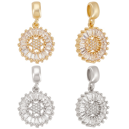 4 шт. 2 цвета латунь паве прозрачный кубический цирконий европейские подвески, Подвески с большими отверстиями, плоские круглые со звездой Давида