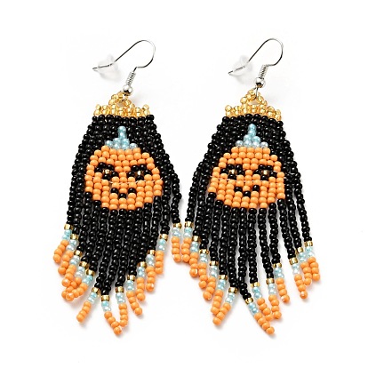 Glass Seed Braided Pumpkin Chandelier Earrings, Chain Tassel Alloy Halloween Earrings for Women