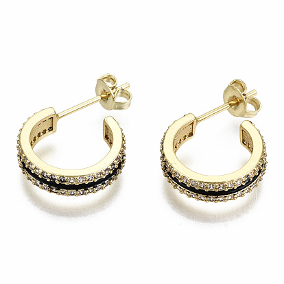 Semicircular Brass Micro Pave Clear Cubic Zirconia Half Hoop Earrings, Stud Earrings, with Enamel and Ear Nuts, Nickel Free, Real 16K Gold Plated