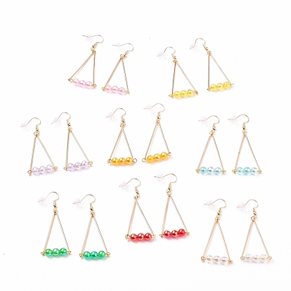 Triangle Dangle Earrings Sets, with Acrylic Round Beads, Brass Earring Hooks, Iron Bar Links and Plastic Ear Nuts, Golden