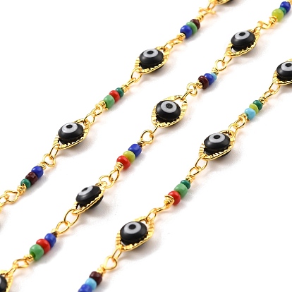 Handmade Brass Oval with Evil Eye Link Chains, with Glass Beads, Soldered, with Spool, Long-Lasting Plated, Golden
