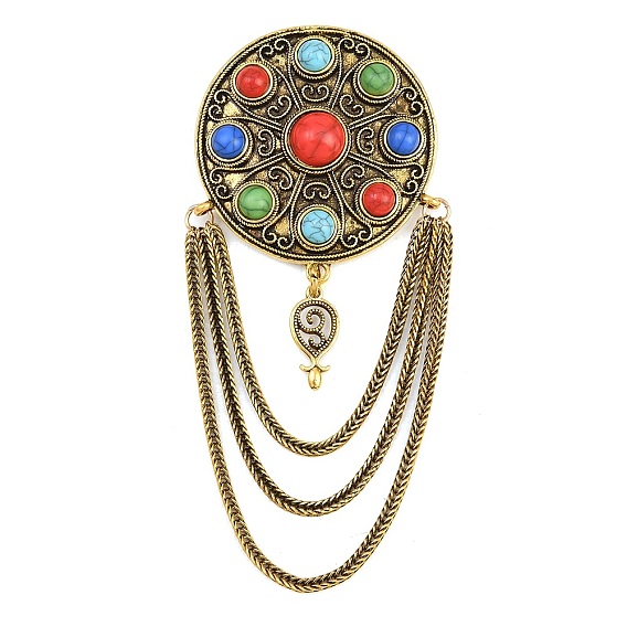 Броши из смолы с имитацией бирюзы, брошь-цепочка из сплава, плоско-круглые