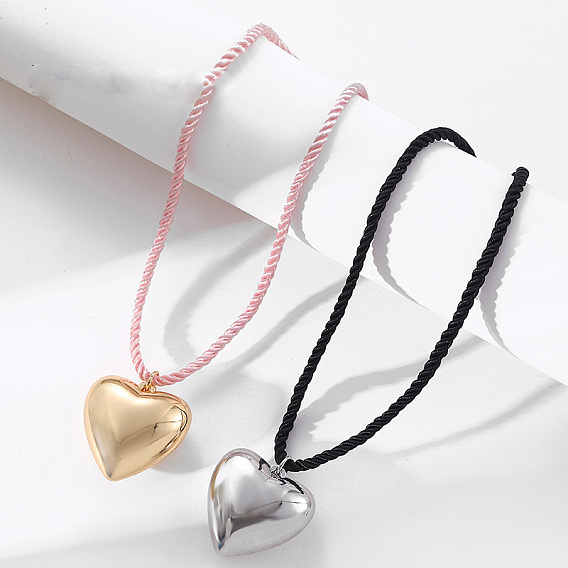 Brass Heart Pendant Twisted Nylon Cord Necklaces for Women