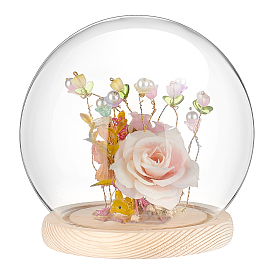 Couvercle rond en verre, vitrine décorative, terrarium cloche cloche avec base en bois, pour un cadeau de fleurs préservées bricolage