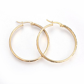 201 Stainless Steel Hoop Earrings, with 304 Stainless Steel Pin, Hypoallergenic Earrings, Carved, Ring
