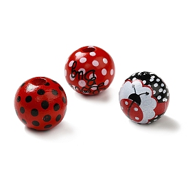 Perles rondes en bois imprimé, rouge et noir, motif coccinelle/pois/mot
