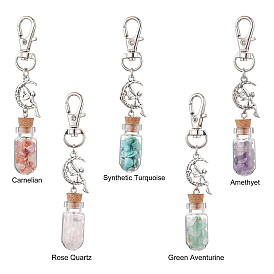Glass Wishing Bottle with Gemstone Chip inside Pendant Decorations, Alloy Moon with Fairy & Swivel Clasps Charms for Bag Ornaments