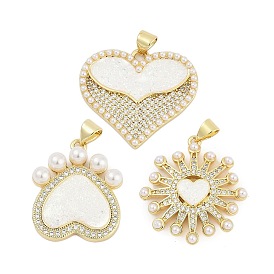 Латунные микропаве прозрачные подвески с фианитом, сердце, с синтетическим опалом и искусственным жемчугом из АБС-пластика, долговечный, стойки покрытие, без свинца и без кадмия
