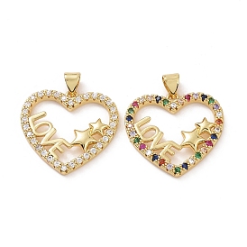 Brass Cubic Zirconia Pendants, Heart with Star & Word Love Charm, Real 18K Gold Plated