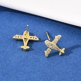 Серьги-гвоздики в форме самолета с микропаве из прозрачных кубических цирконий из латуни, стойки покрытие, долговечный, без кадмия и без свинца