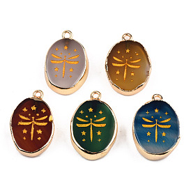 Natural Agate Pendants, with Light Gold Plated Brass Edge & Iorn Loops, Gold Powder, Dyed & Heated, Oval with Dragonfly Charm
