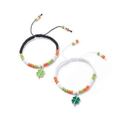 2 piezas 2 conjunto de pulseras con dijes de trébol de esmalte de aleación de color, pulseras de cuentas trenzadas de vidrio para mujer