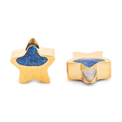 Ion Plating(IP) 304 Stainless Steel Beads, with Enamel, Real 18K Gold Plated, Star