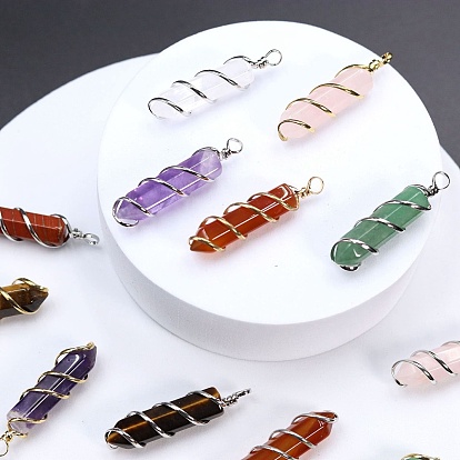 Natural Gemstone Copper Wire Wrapped Pointed Pendants, Faceted Bullet Charms