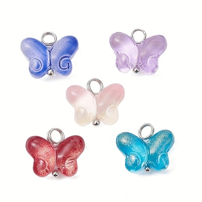 Transparent Baking Paint Glass Pendant, with Brass Loops, Platinum, Butterfly
