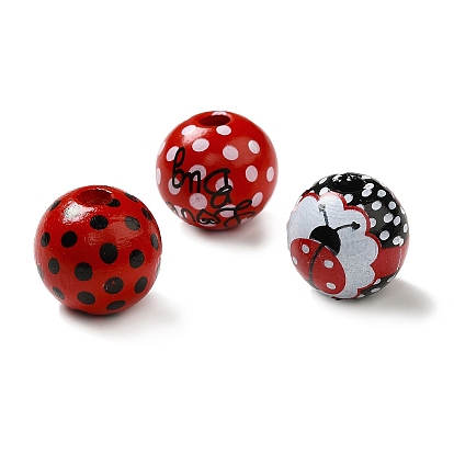 Printed Wood Round Beads, Red & Black, Ladybug/Polka Dot/Word Pattern