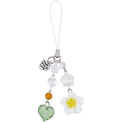 1Pc Alloy Polyester Mobile Straps, Flower with Shell Shape, Antique Silver, with Resin