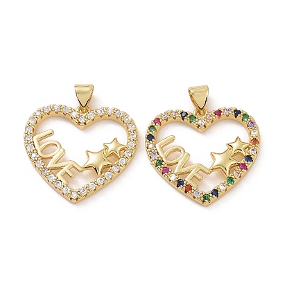 Brass Cubic Zirconia Pendants, Cadmium Free & Lead Free, Heart with Star & Word Love Charms, Real 18K Gold Plated