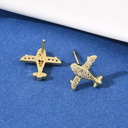 Серьги-гвоздики в форме самолета с микропаве из прозрачных кубических цирконий из латуни, стойки покрытие, долговечный, без кадмия и без свинца