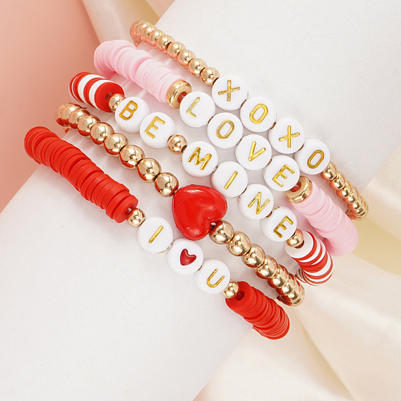 Polymer Clay & Plastic & Acrylic Heart Letter Beaded Stretch Adjustable Stackable Bracelet Sets for Women
