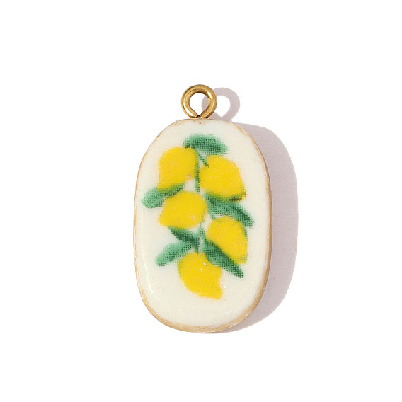 304 подвески из нержавеющей стали и фарфора, овал с лимоном, ионное покрытие (ip), реальный 18 k позолоченный