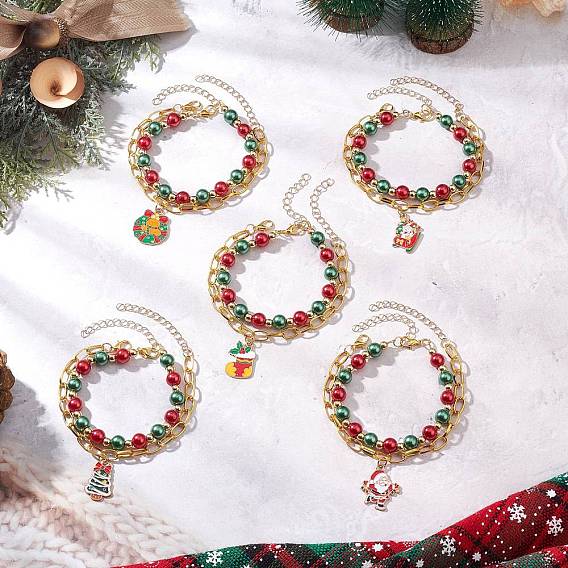 5шт 5 стили рождественские сплав эмалированные многорядные браслеты для женщин, с круглыми стеклянными бусинами-жемчужинами и застежками-карабинами из цинкового сплава