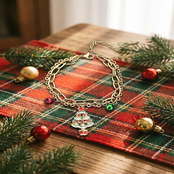 Christmas 304 Stainless Steel Enamel Charm 2-Strand Bracelets, Golden, Christmas Tree Candy Cane Santa Claus, Colorful
