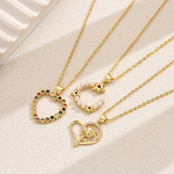 Женские кулоны в форме цветочного сердца и звезды из латуни с микропаве из кубических цирконий, золотые