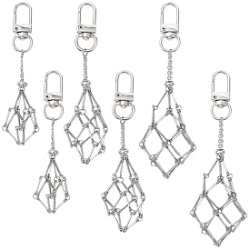 6Pcs 3 Styles Stainless Steel Braided Chain Macrame Pouch Empty Stone Holder Pendant Decorations, Alloy Swivel Clasps for Bags Key Ornament