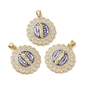 Flat Round with Virgin Mary Brass Micro Pave Cubic Zirconia Pendants, with Enamel & Shell, Long-Lasting Plated, Lead Free & Cadmium Free, Real 18K Gold Plated