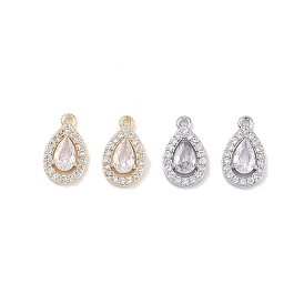 Brass Micro Pave Clear Cubic Zirconia Pendants, with Glass, Teardrop Charms