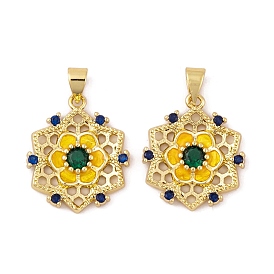 Brass Micro Pave Cubic Zirconia Pendants, with Glass and Enamel, Real 18K Gold Plated, Flower Charms