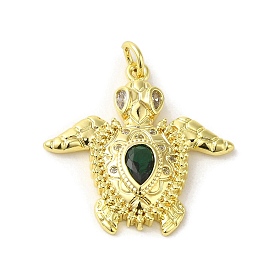 Rack Plating Brass Micro Pave Green Cubic Zirconia Pendants, with Jump Ring, Real 18K Gold Plated, Long-Lasting Plated, Cadmium Free & Lead Free