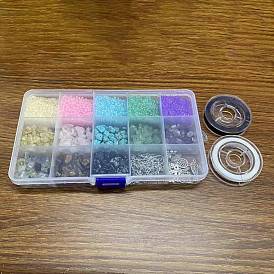 Kit de fabrication de bracelets de boucles d'oreilles en perles bricolage, y compris les perles de copeaux naturelles et synthétiques, Perles de rocaille en verre, Crochets de boucles d'oreilles en fer, pendentifs en alliage feuille et fleur et nœud papillon