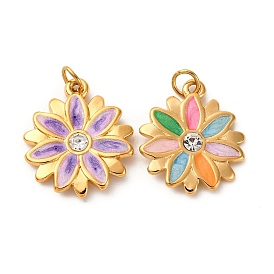 304 нержавеющей стальной эмали подвески, с соединительным кольцом и стразами, ионное покрытие (ip), цветочный шарм, реальный 18 k позолоченный