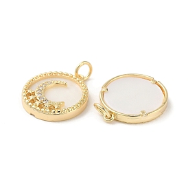 Natural White Shell Flat Round Pendants, Brass Micro Pave Clear Cubic Zirconia Moon Charms
