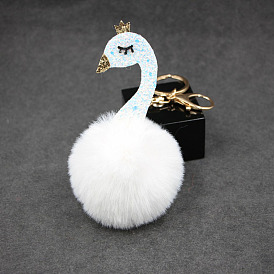 Sparkling Swan Plush Keychain with Fluffy Pom-Pom for Bags and Cars