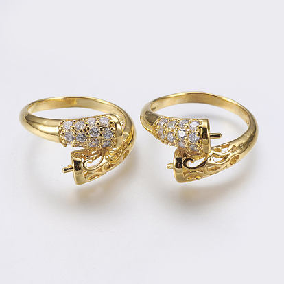 Brass Finger Cup Peg Ring Settings, with Cubic Zirconia, For Half Drilled Beads, Lead Free & Cadmium Free & Nickel Free, Size 8