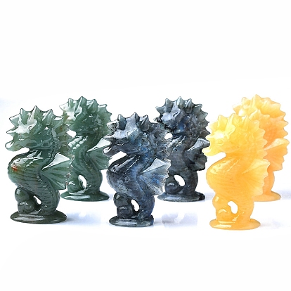 Gemstone Carved Sea Horse Statue, Reiki Stone for Home Office Desktop Feng Shui Decoration