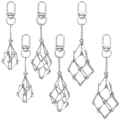 6Pcs 3 Styles Stainless Steel Braided Chain Macrame Pouch Empty Stone Holder Pendant Decorations, Alloy Swivel Clasps for Bags Key Ornament