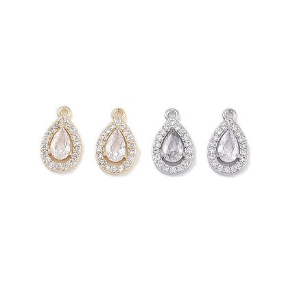 Brass Micro Pave Clear Cubic Zirconia Pendants, Cadmium Free & Nickel Free & Lead Free, with Glass, Teardrop Charms