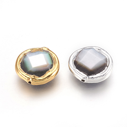 Black Lip Shell Beads, Edge Plated, Faceted, Flat Round