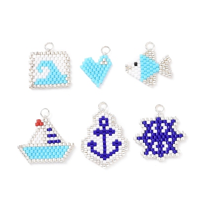 6Pcs 6 Styles Ocean Theme Handmade Japanese Seed Pendants, Loom Pattern, with Stainless steel Ring, Sailboat & Helm & Fish, Mixed Shapes
