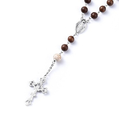 Tibetan Style Alloy Rosary Bead Necklaces, with Wood Beads and 304 Stainless Steel Rolo Chains