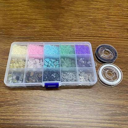 Kit de fabrication de bracelets de boucles d'oreilles en perles bricolage, y compris les perles de copeaux naturelles et synthétiques, Perles de rocaille en verre, Crochets de boucles d'oreilles en fer, pendentifs en alliage feuille et fleur et nœud papillon