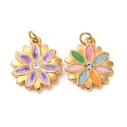 304 нержавеющей стальной эмали подвески, с соединительным кольцом и стразами, ионное покрытие (ip), цветочный шарм, реальный 18 k позолоченный