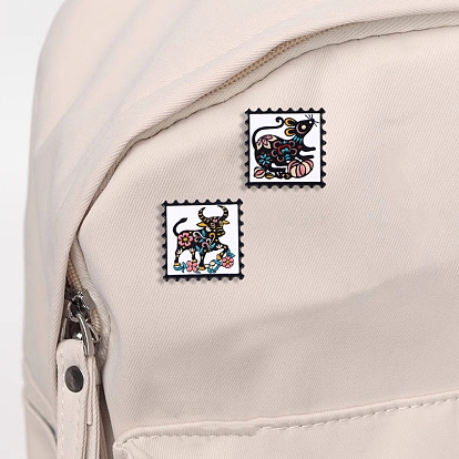 Chinese Style Alloy Enamel Pins, Square Stamp Brooch, Zodiac Sign Badge for Clothes Backpack